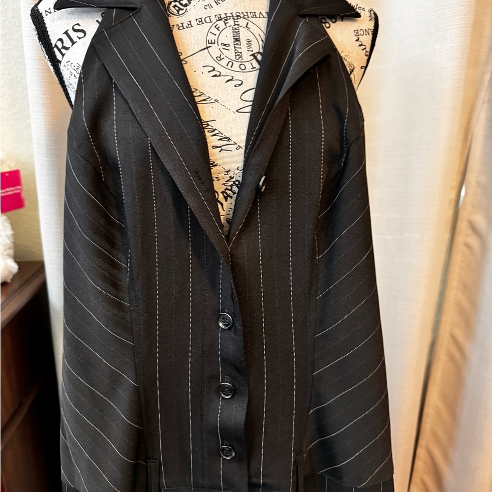 Black pinstriped one piece pants suit